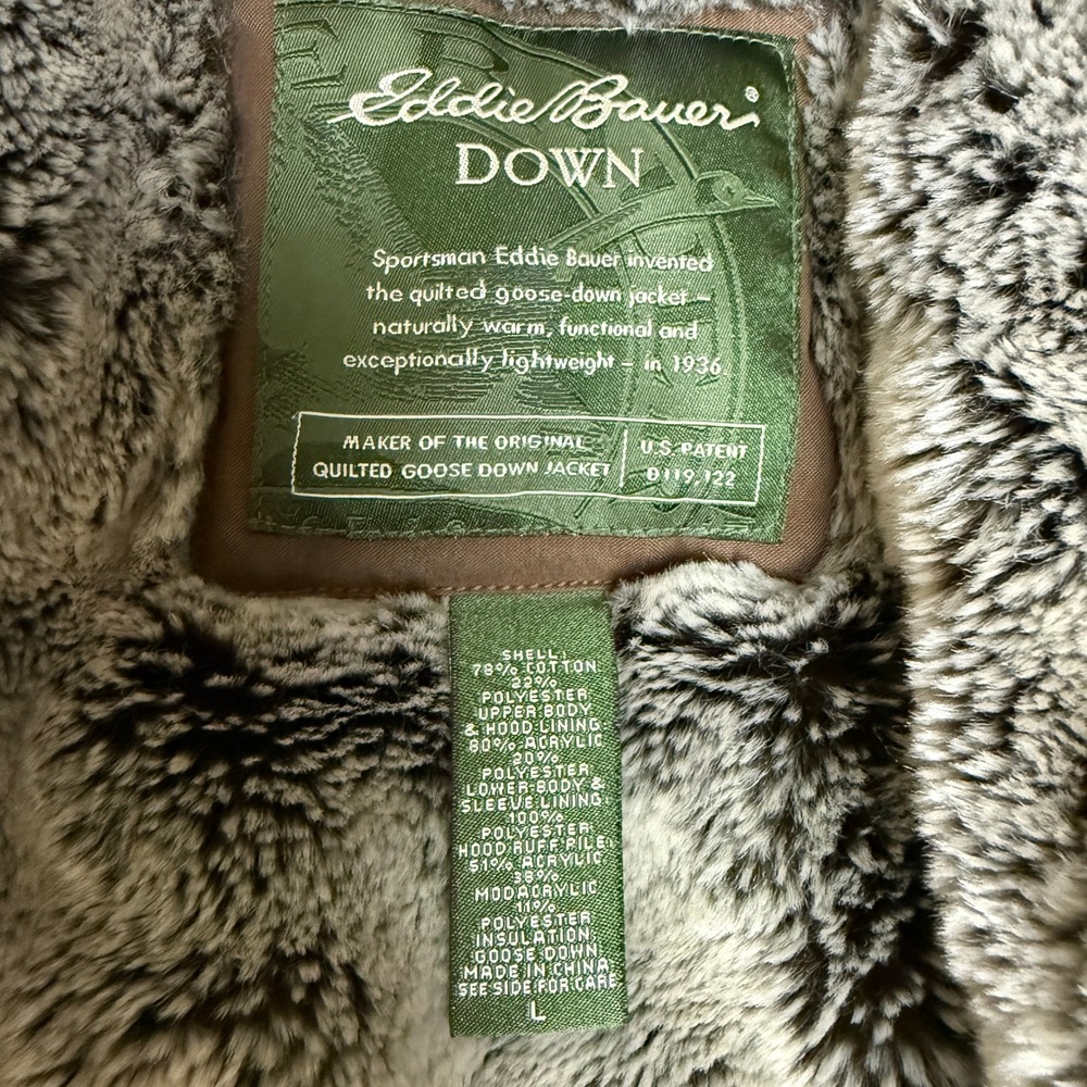Eddie Bauer Premium Goose Down Parka Coat Women L Brown Faux Fur Quilted Hood - Picture 2 of 13